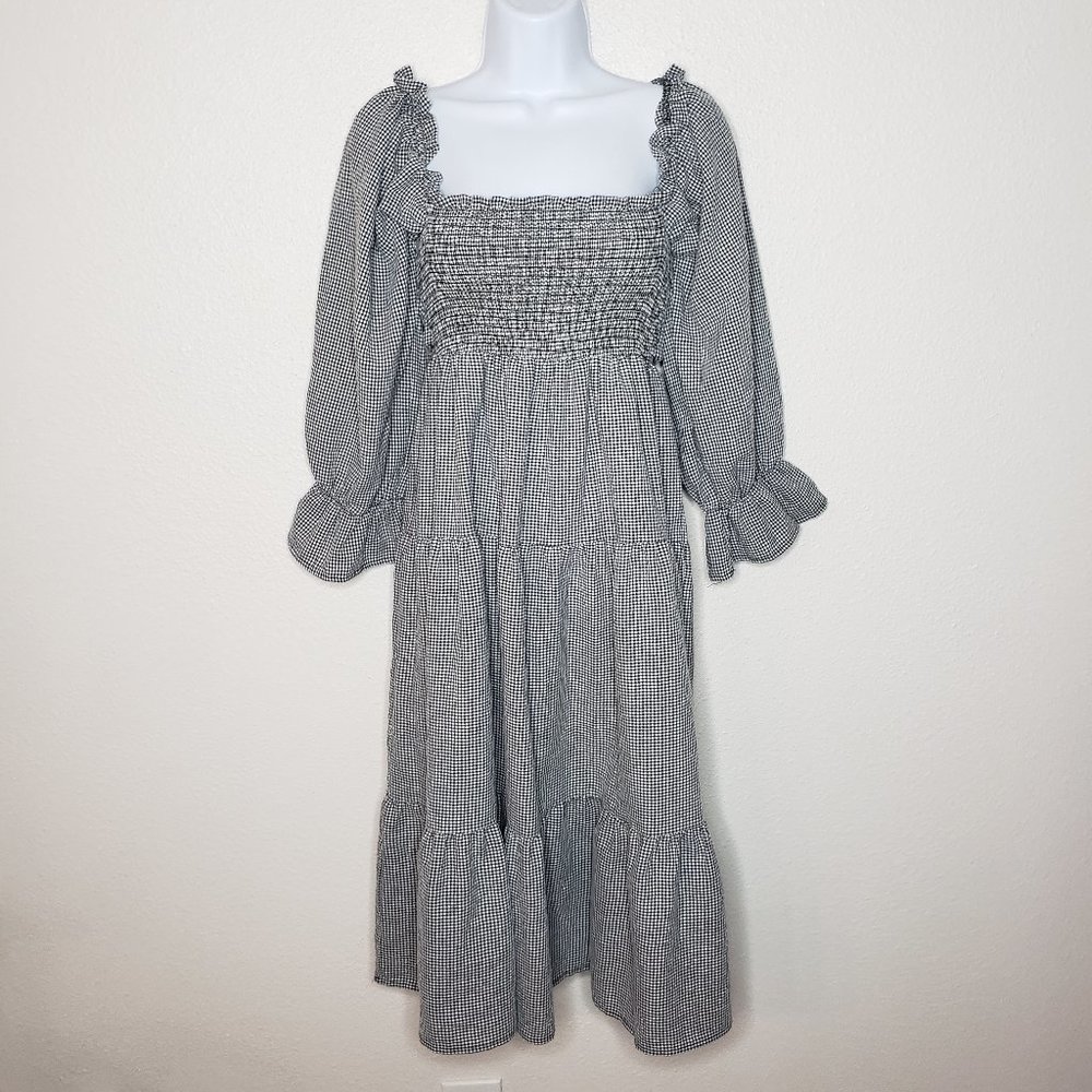 R. Vivimos Sz S (4/6) Cottage Core Gingham Off-Shoulder Tiered Midi Dress (116)